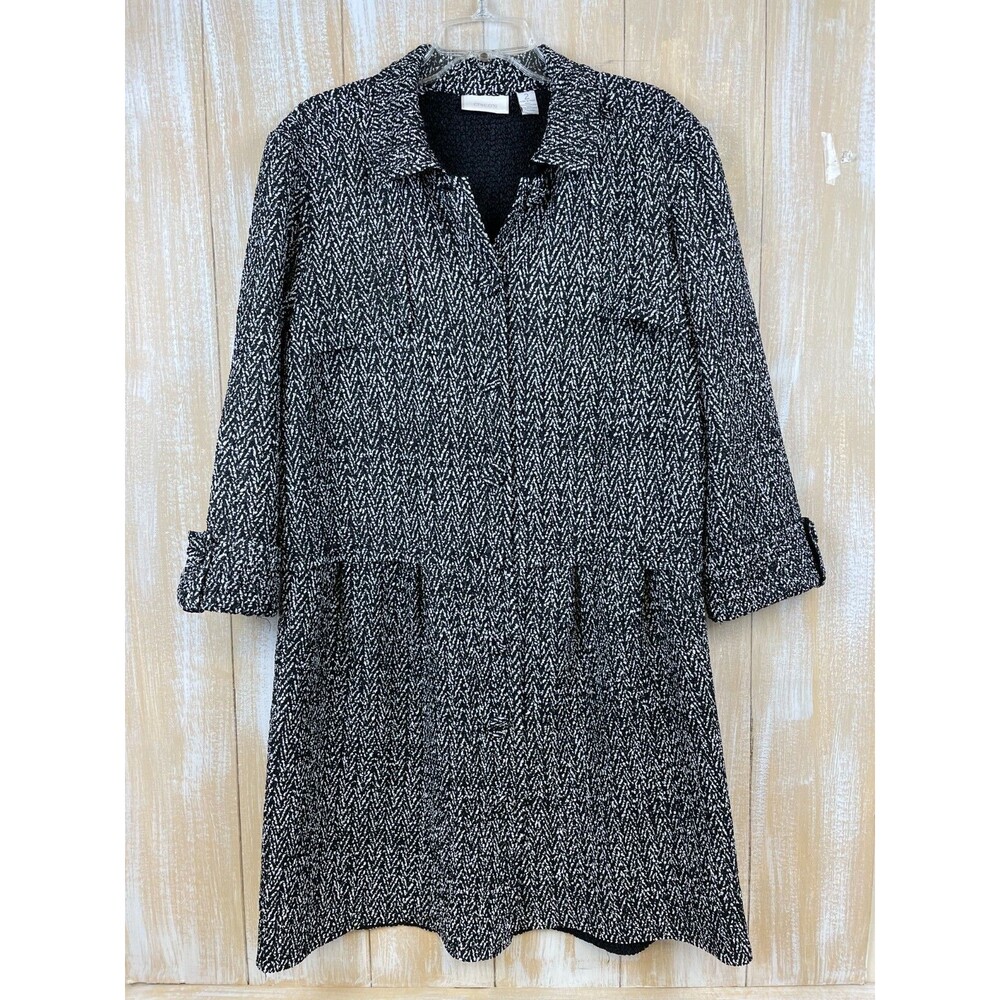 Chicos 2 Large Black White Crinkle Dress Jacket Lightweight Textured 3/4 Sleeve